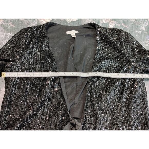 ML Monique Lhuillier Sequin Wrap Crop Top Long Sleeve V-Neck Black Womens Sz XS - Picture 5 of 6